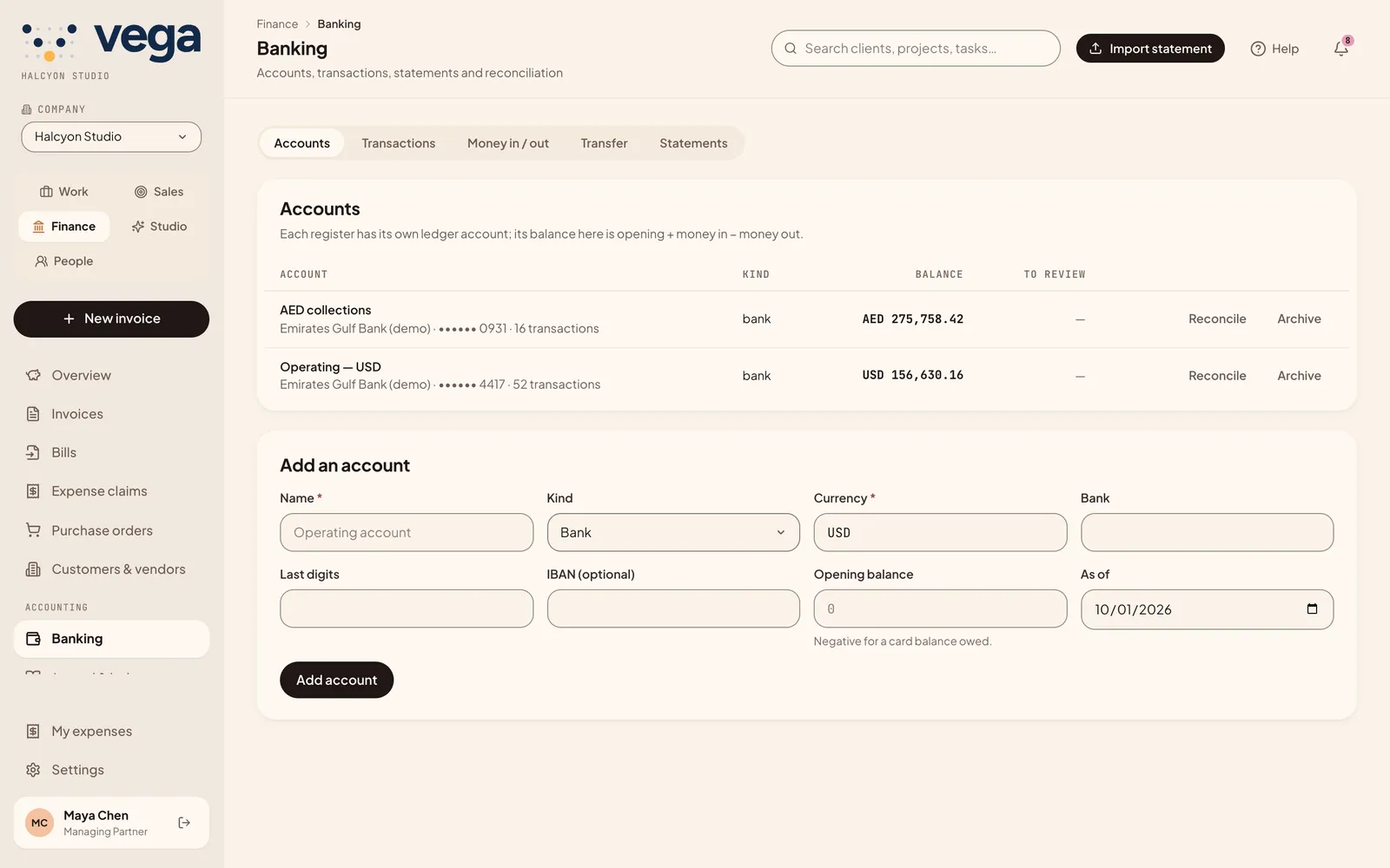 The banking page with accounts and balances