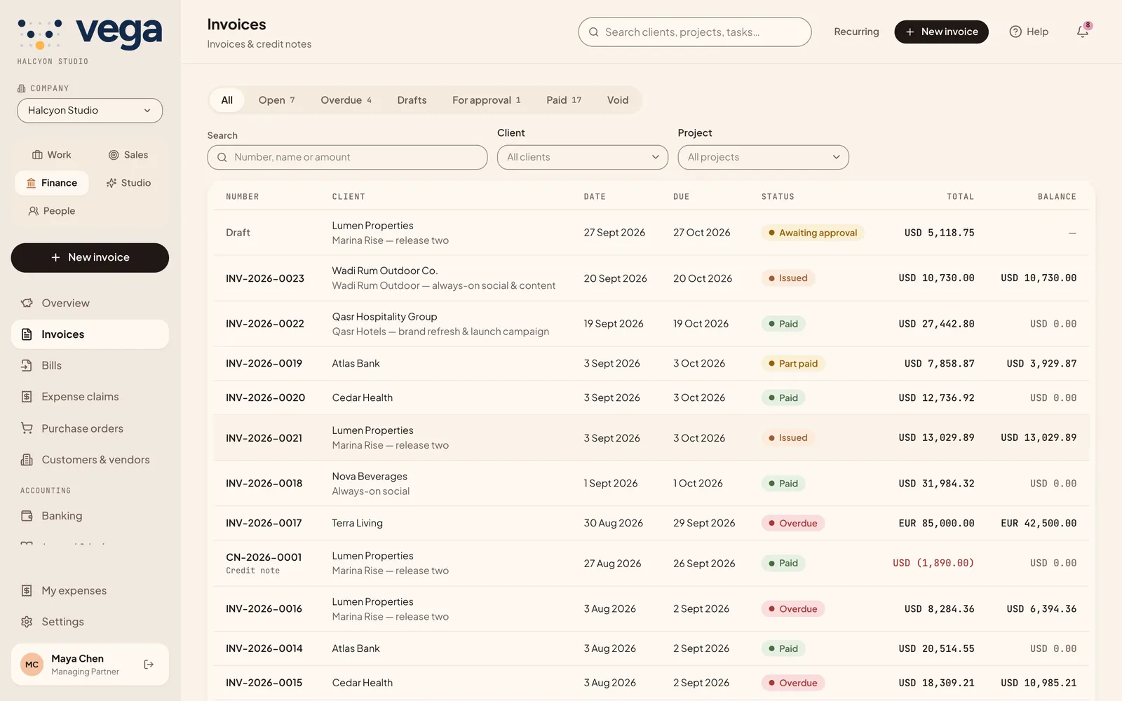 The invoices list with statuses