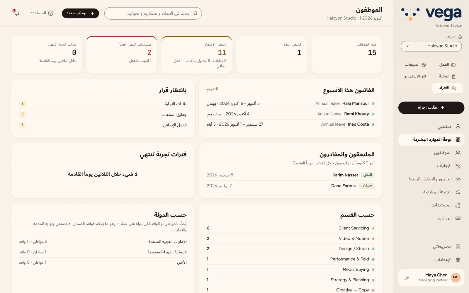 لوحة الموظفين مع الإجازات والمنضمّين والموافقات