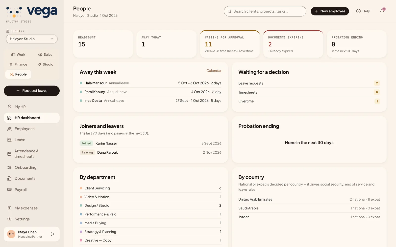 The people dashboard with leave, joiners and approvals