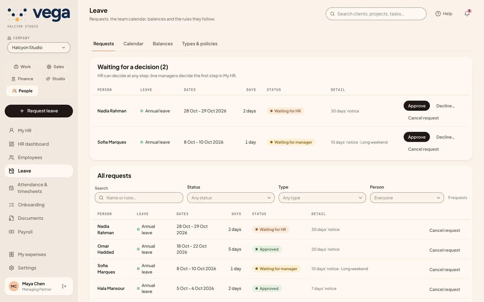The leave page with requests waiting for a decision