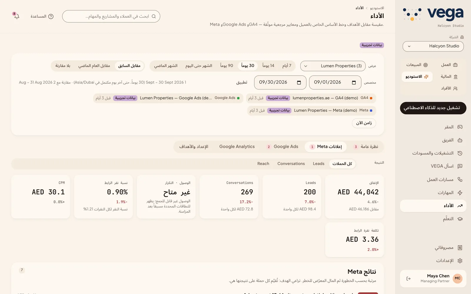 تبويب إعلانات Meta في لوحة الأداء