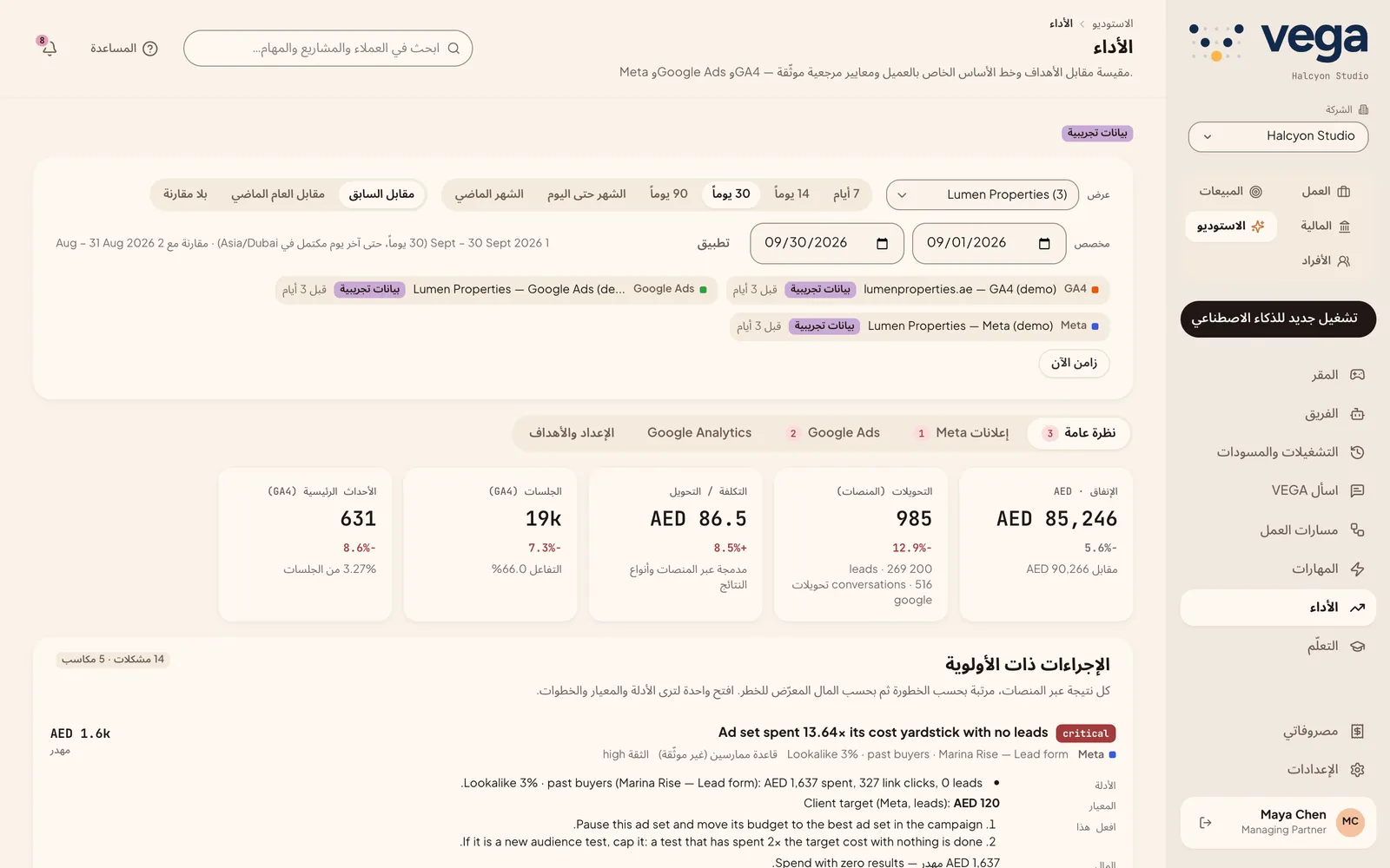 لوحة الأداء مع الإجراءات ذات الأولوية
