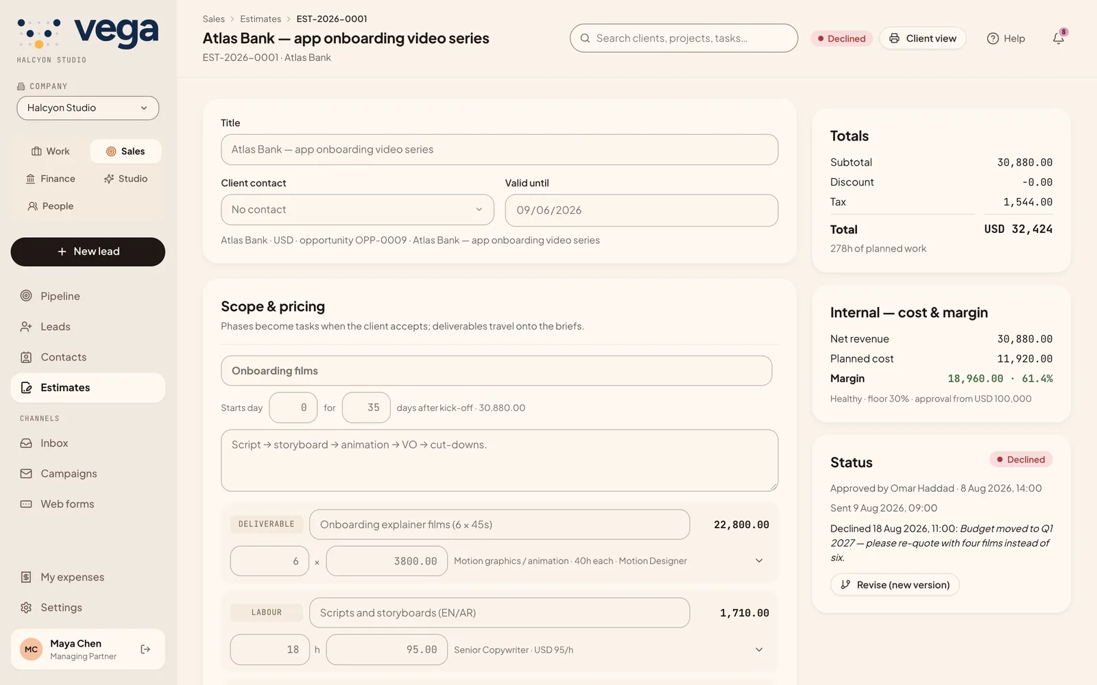 An estimate with scope, totals and margin
