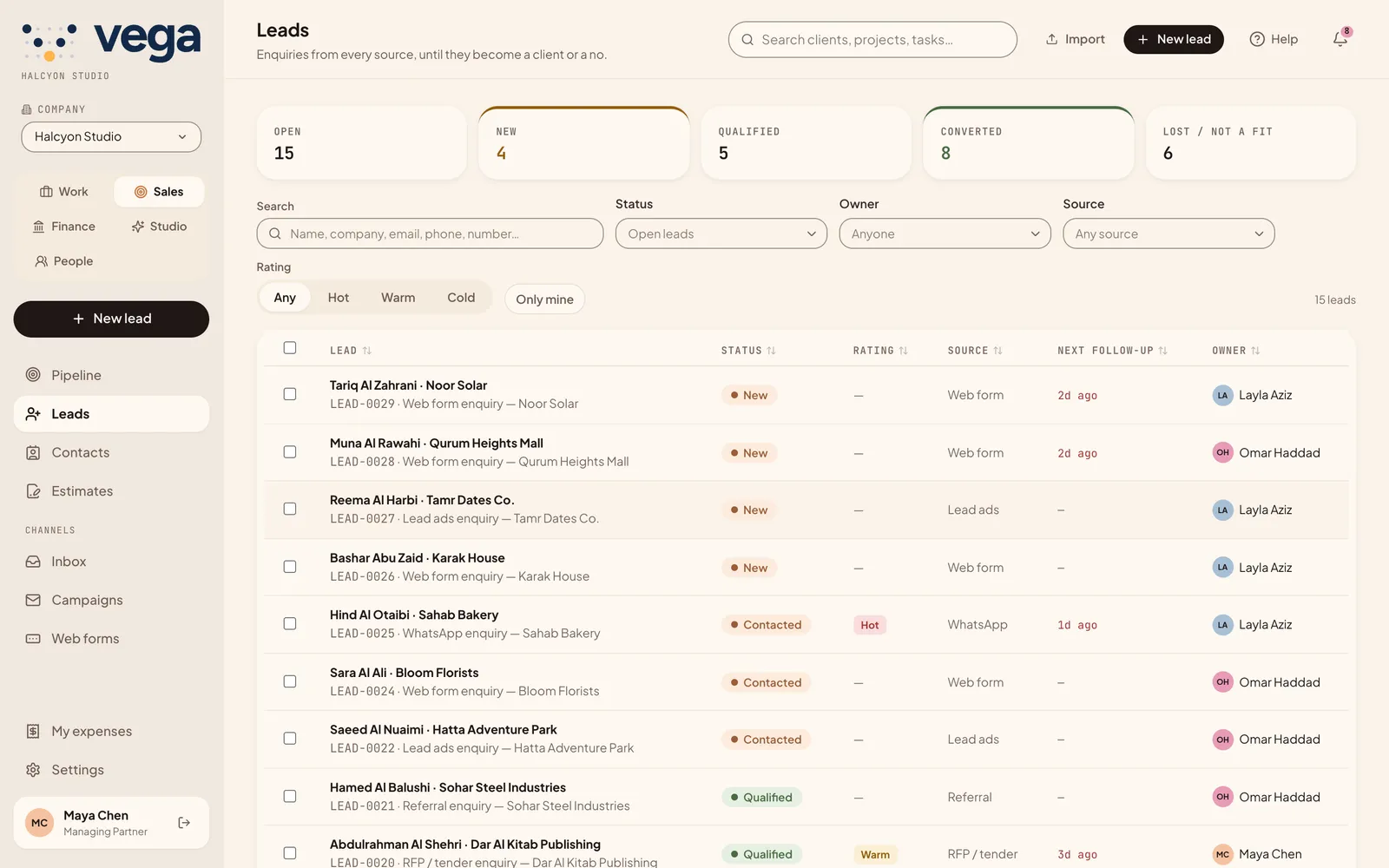 The leads list with status, source and owner