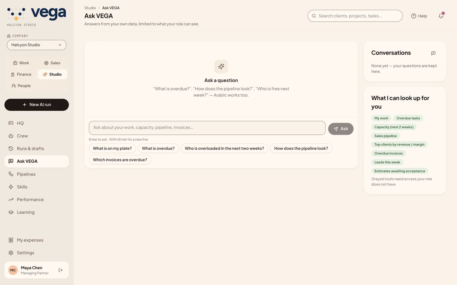 Ask VEGA with suggested questions