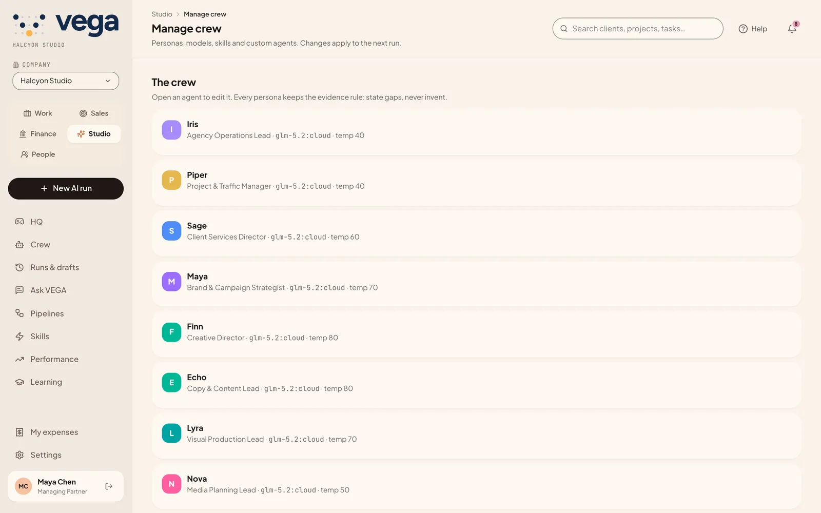 The crew list of AI agents and their roles