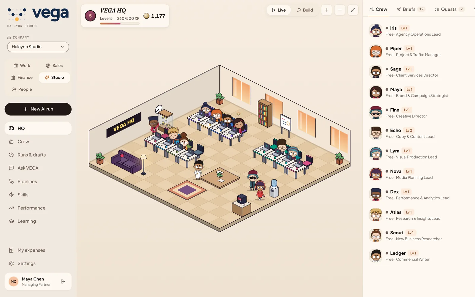 VEGA HQ, the virtual office, with the AI crew