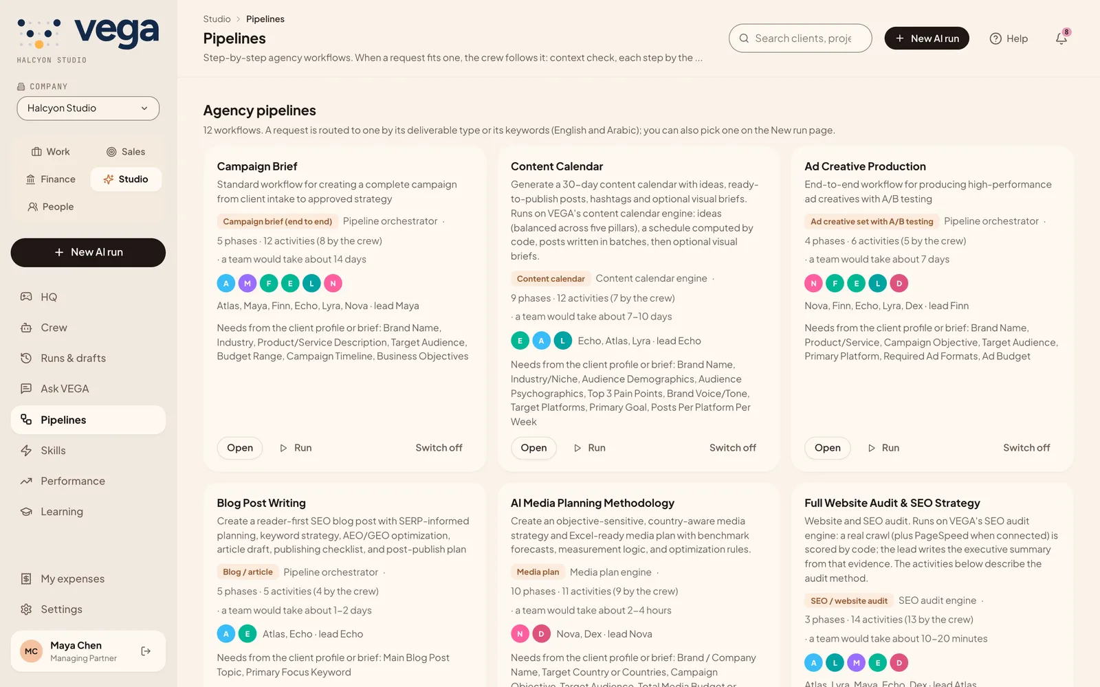 The pipelines page with step-by-step workflows