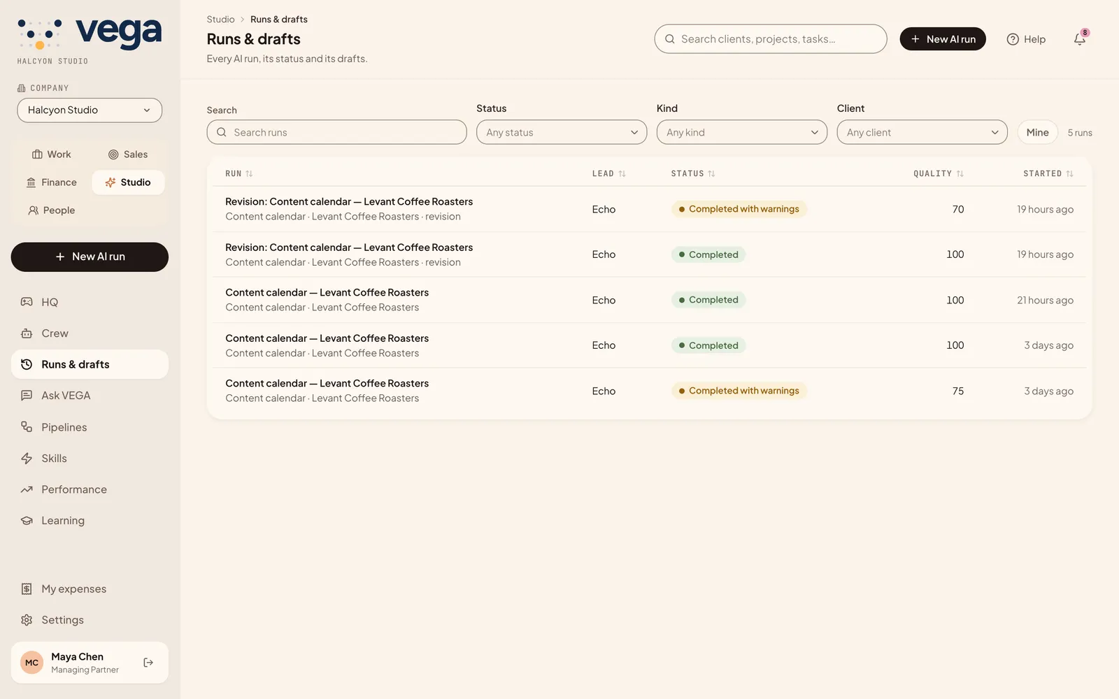 The list of AI runs with status and quality