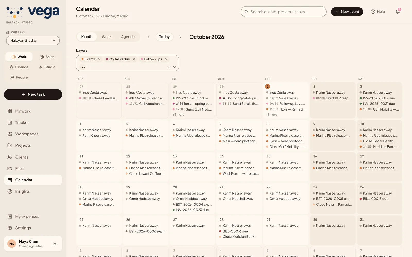 The calendar month view with tasks, follow-ups and leave
