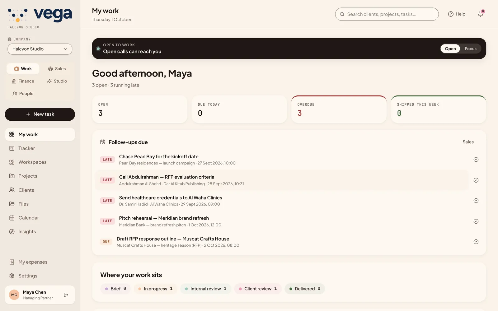 The My work page with task counts and follow-ups due